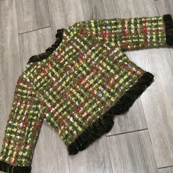 Cynthia Steffe Olive Ruffle Velvet Trim Multicolor Ribbon Basket Weave Jacket - Picture 10 of 11